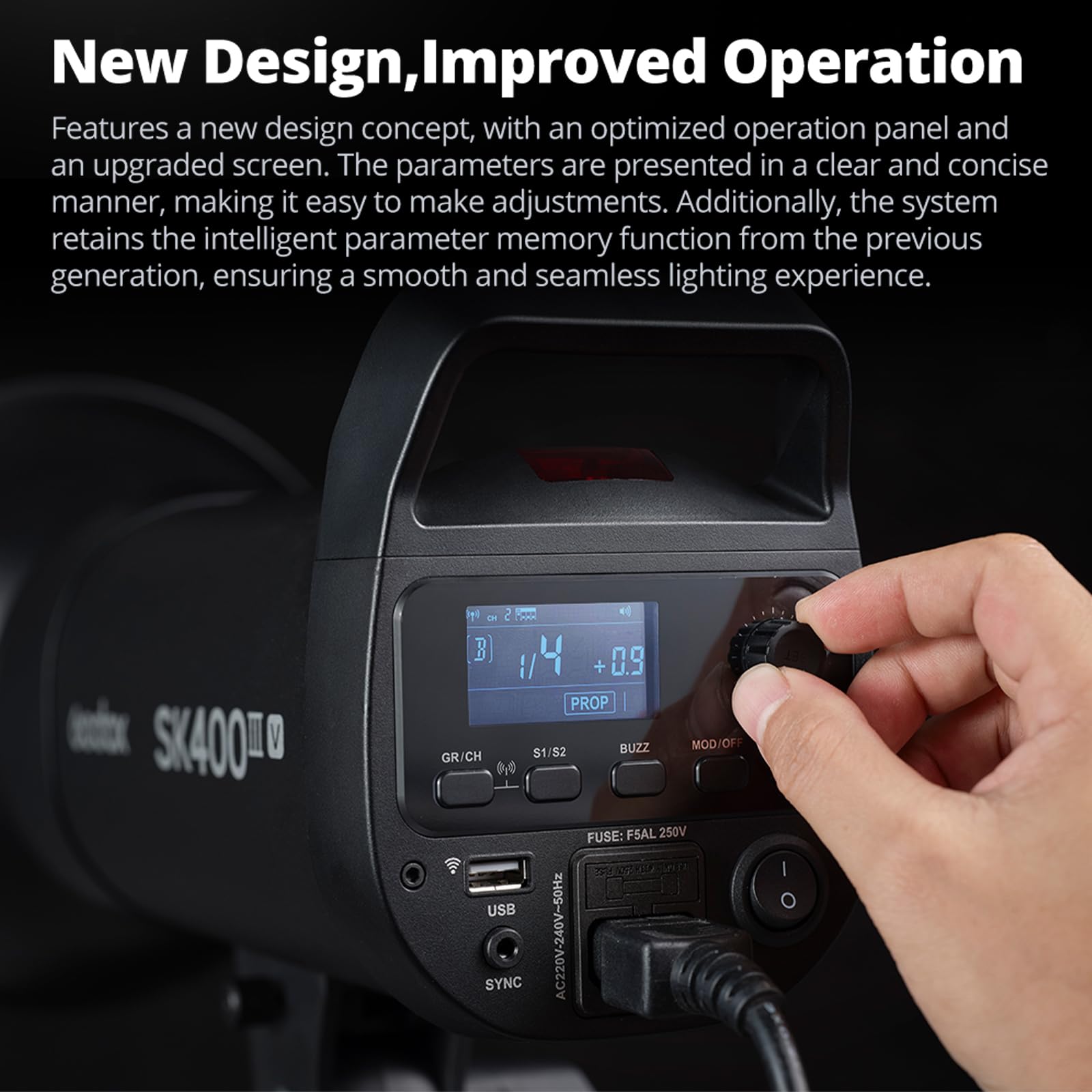 Godox SK400IIIV 400 Ws Studioblitzgerät, verbessertes SK400III-V mit 2,4-GHz-X-System, 10-W-LED-Einstelllampe, GN 65, 0,1–1,5 s Ladezeit, Bowens-Halterung für professionelle Porträt- und E-Commerce-Fo