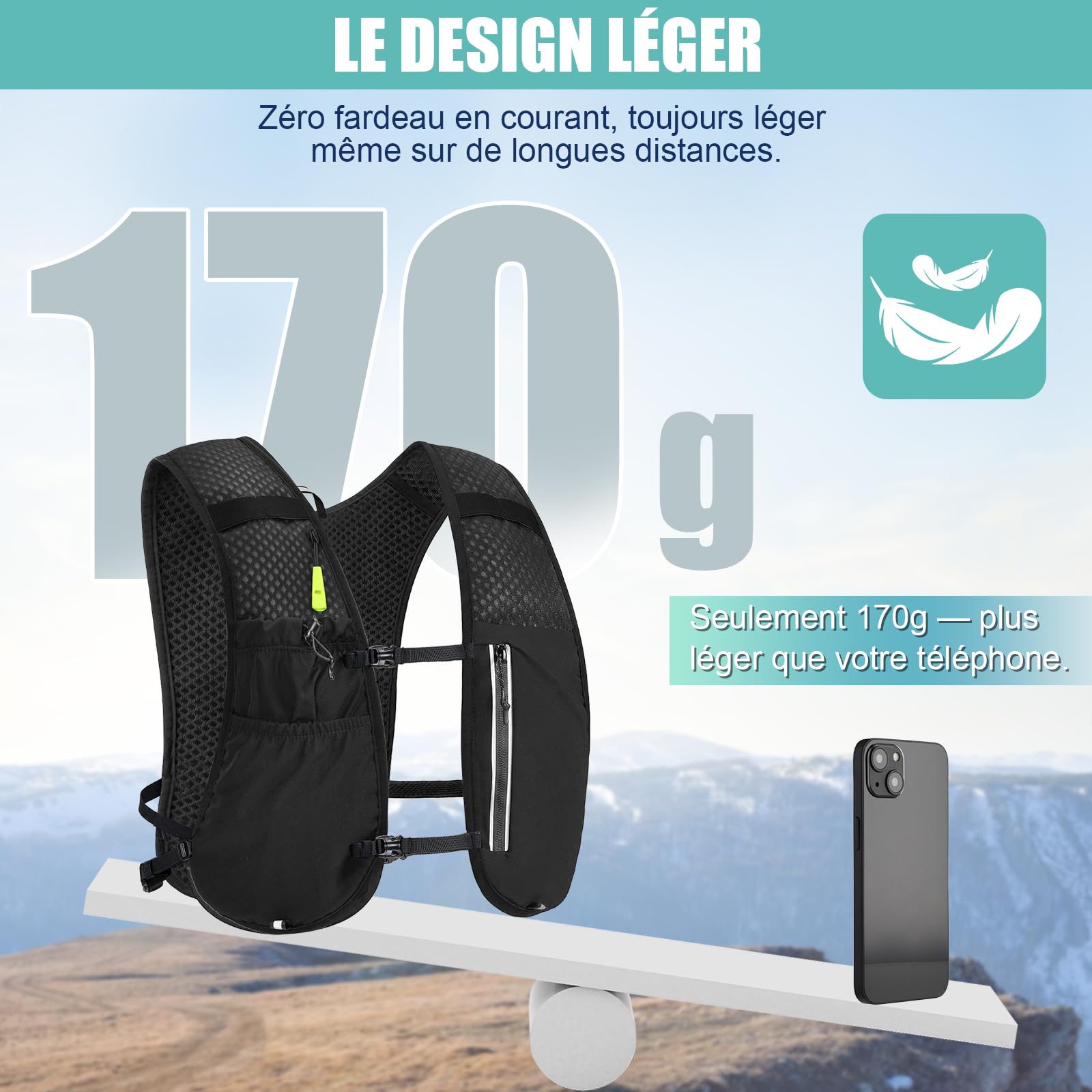Gilet Hydratation Running Femme Réfléchissant avec Flasque 500 ML et Lumière LED, Gilet Course a Pied Homme Léger 170g pour Marathon, Trail, Randonnée