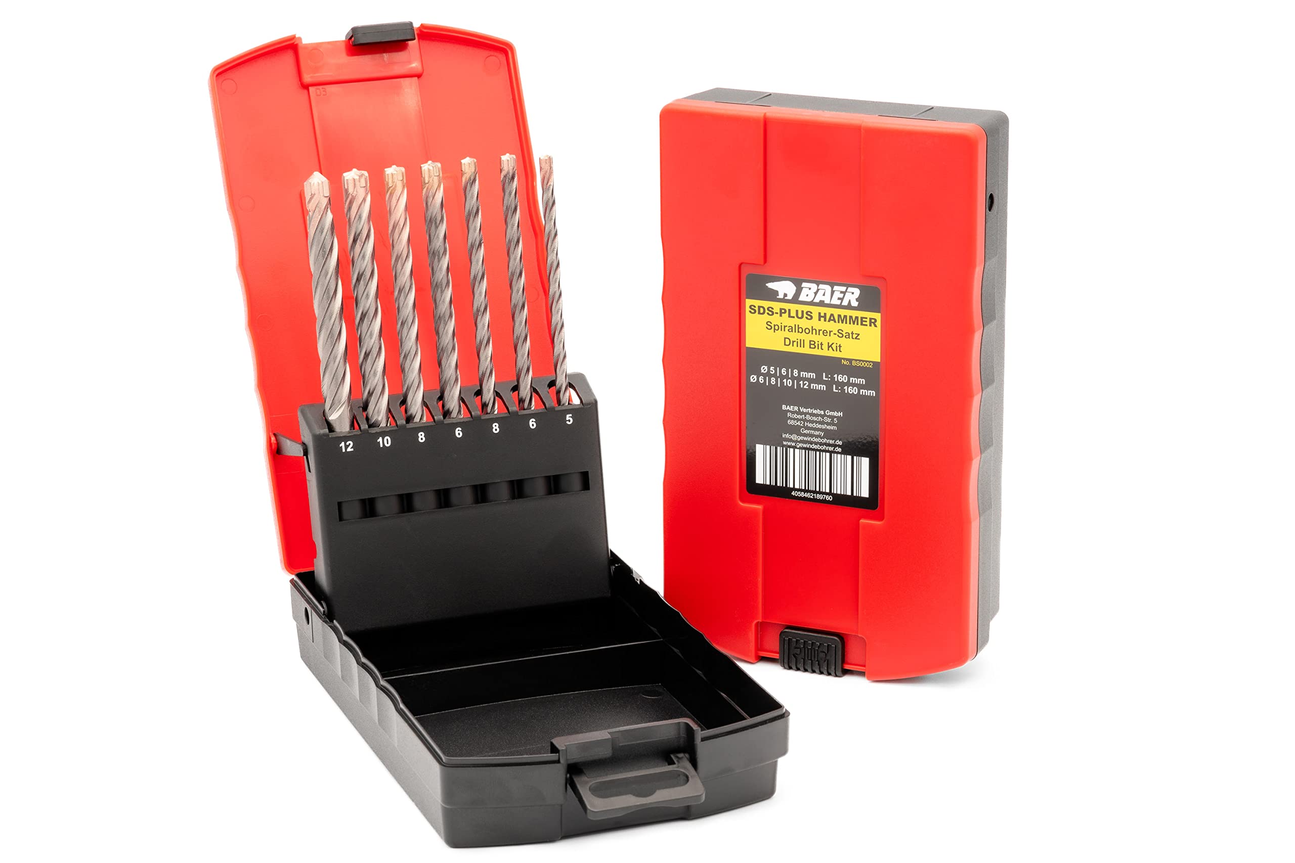 BAER Steinbohrer Set SDS-Plus (7 tlg.) 5-12mm - Hammerbohrer Set - Betonbohrerset - Betonbohrer lang - PGM-zertifizierte Bohrer - Granitbohrer