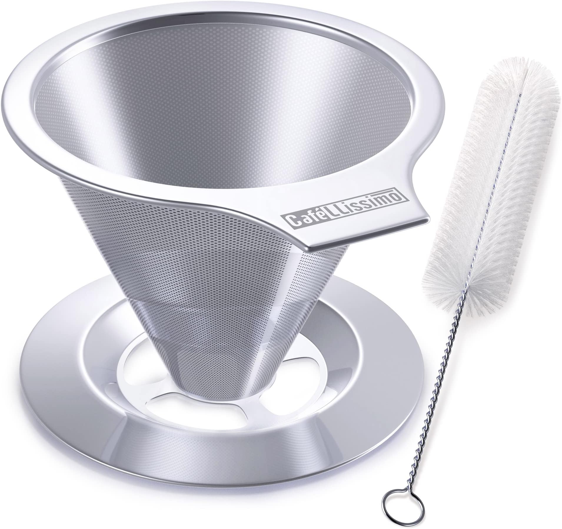 Pour Over Coffee Dripper, Slow Drip Brew Coffee Filter, Paperless Reusable Metal Cone Filter, Stainless Steel with Double Mesh Liner and Cleaning Brush [1-2 Cups]