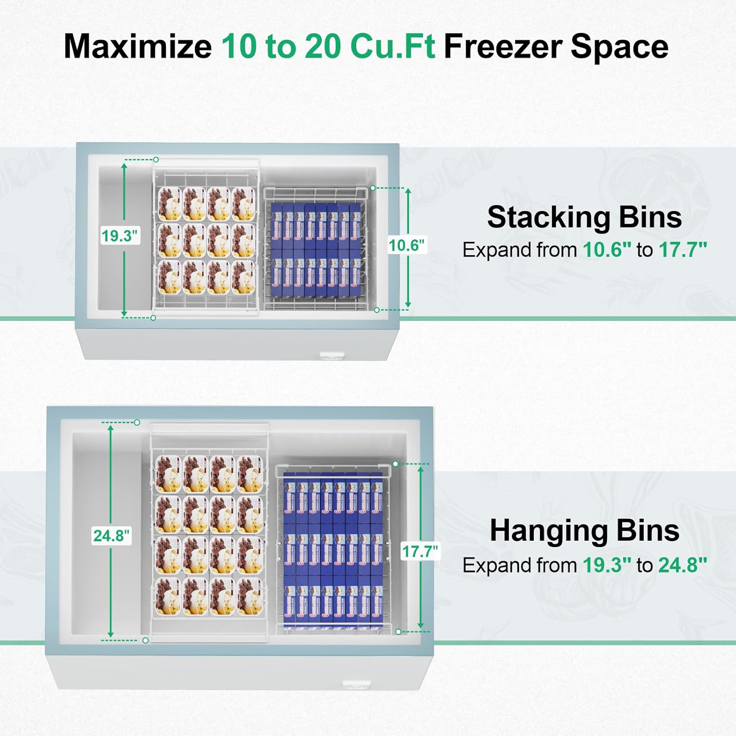 iSPECLE Freezer Organizer - Fits 20 to 25 Cu.Ft Large Chest Freezer, 6 Pcs Hanging Freezer Bins and 2 Tier Freezer Rack 4 Pack Expandable Stackable Large Chest Freezer Organizer Bins