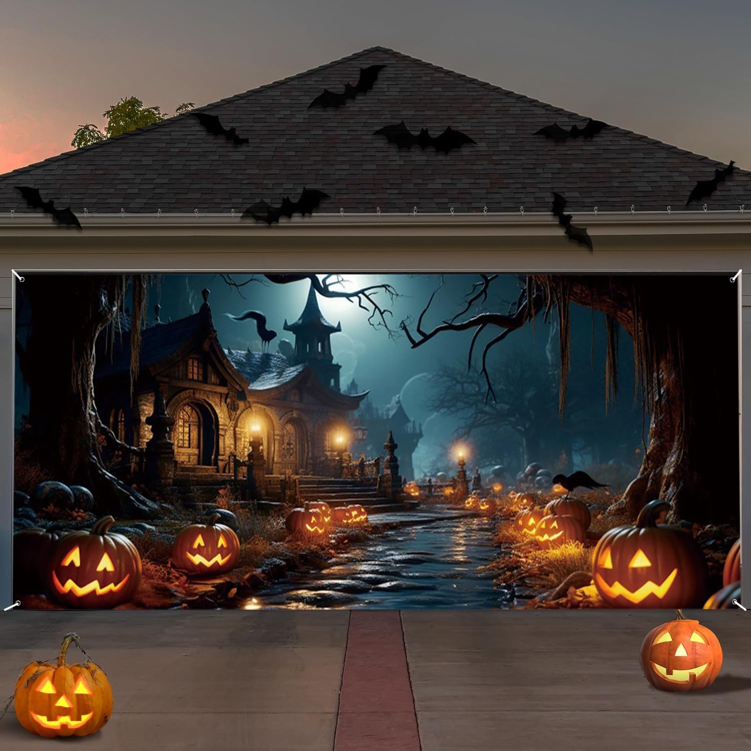 Halloween Garage Door Decorations Background Night Scary Castle Pumpkin Moon Bat Graveyard Happy Halloween Party Banner Photography Party Indoor Outdoor Decor Banner Cover 12x10ft