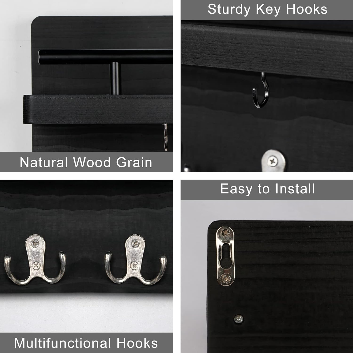 OurWarm Key Holder for Wall Decorative with 5 Key Hooks, Wooden Key Mail Organizer Wall Mount, Farmhouse Key Hanger for Wall with Mail Key Rack, Rustic Entryway Hallway Home Decor (Black)