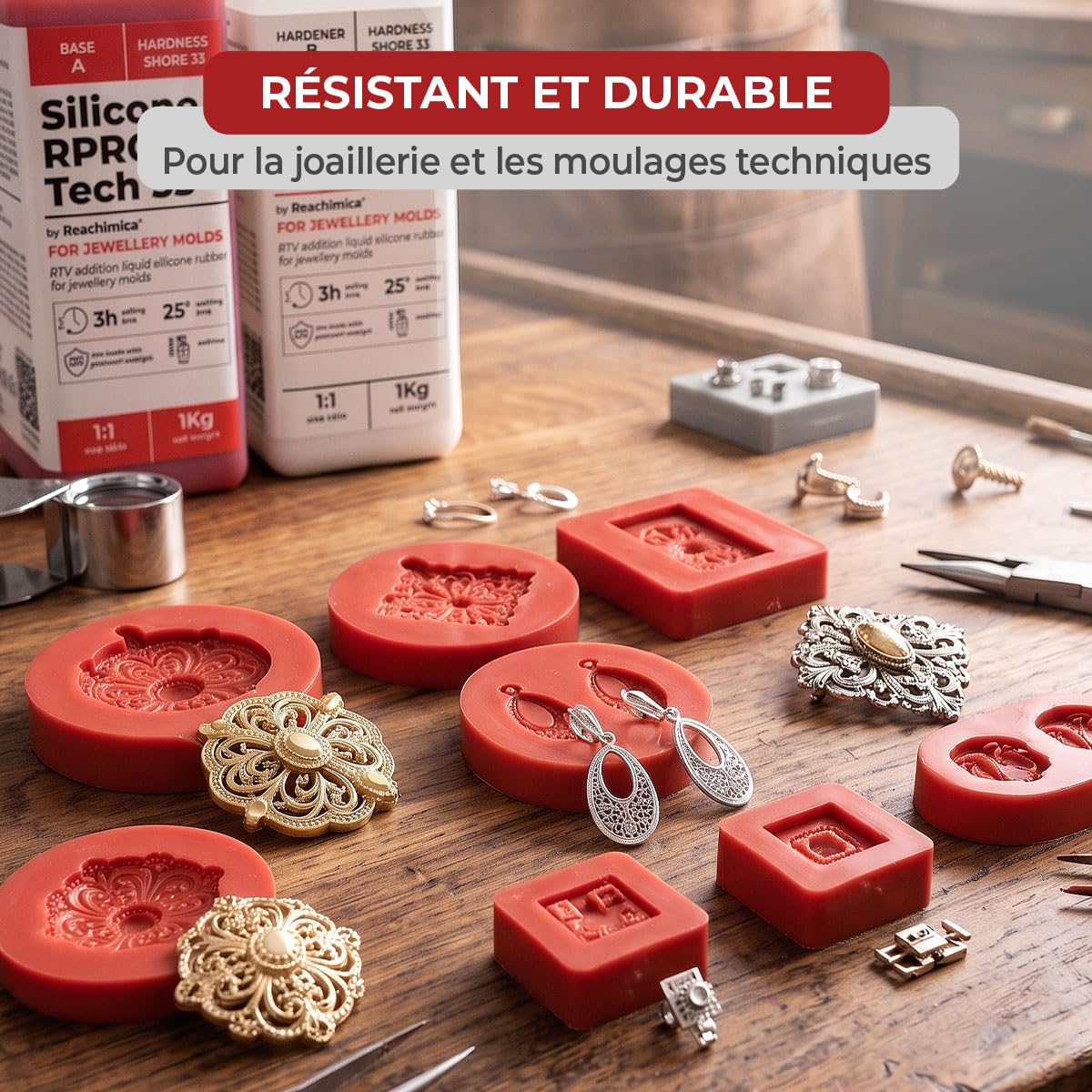 Caoutchouc de Silicone Rouge Liquide pour Moulage 1:1 R PRO TECH 33 (1 kg) | 100% Sûr et Non Toxique avec Catalyseur au Platine