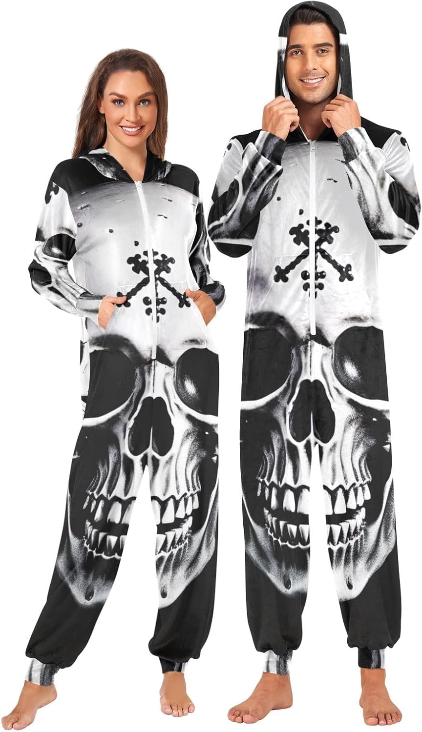 GAIREG Black and White Skull Adult Onesie Pajamas Zip Up Hooded One Piece Loungewear for Men Women Halloween Christmas