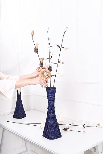 Miniatura 7 de Leewadee Jarrón grande de piso soporte para flores hecho a mano de bambú y basta, sofisticado embudo para ramas decorativas, 16 pulgadas, marrón y