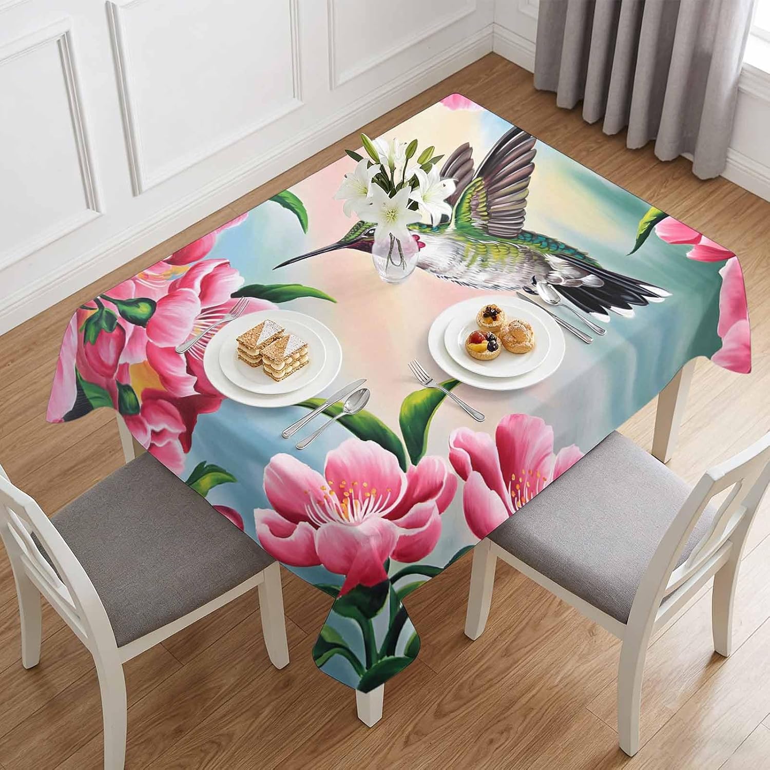 Rectangle Tablecloth,Hummingbird Flower Peach Blossom Waterproof Oil-Proof Table Cloth Kitchen Dining Tables Cover for Indoor Outdoor Wedding Holiday Party Decor,Nature Oil Painting Art