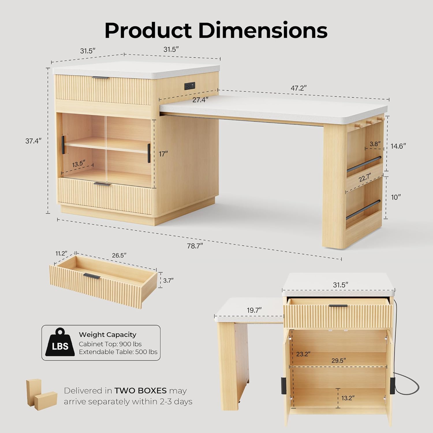 IRONCK 78.7" Kitchen Island with Extendable Dining Table & Storage for 2-6, with Motion-Sensor LED Tempered Glass Cabinet, Charging Station, Spice Racks, Quartz Laminate Top for Dining Room (Oak)