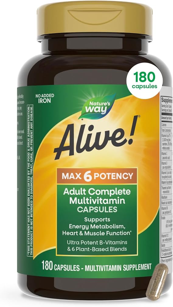 Nature's Way Alive! Max6 Potency Adult Complete Multivitamin with No Iron Added, Antioxidant Vitamins A, C, E, B-Vitamins Including Methylated B12 & Folate, Energy Metabolism Support*, 180 Capsules