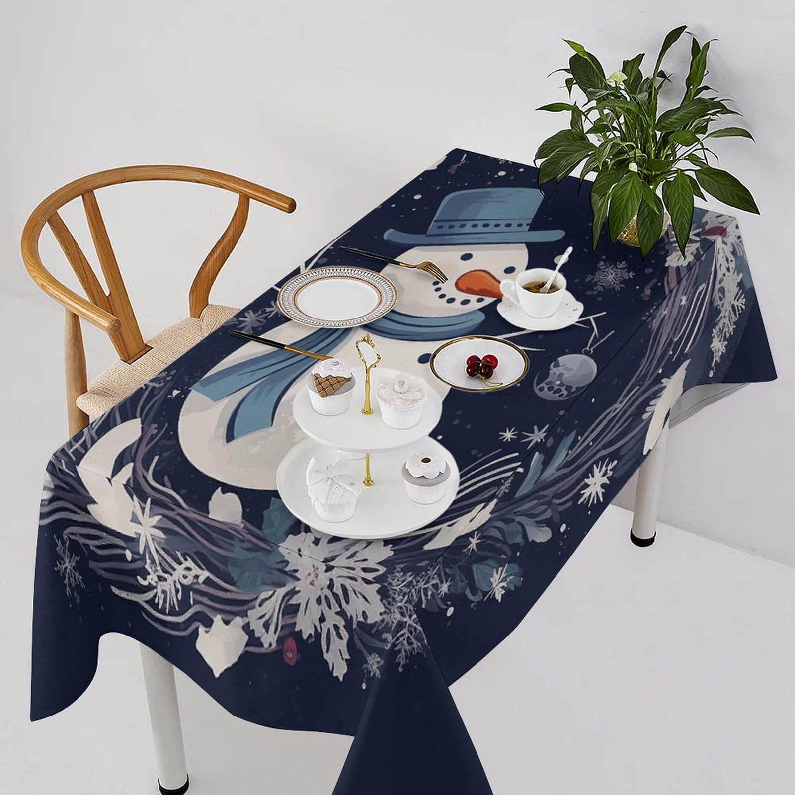 Nappe lavable rectangulaire au motif bonhomme de neige résistant aux taches du quotidien