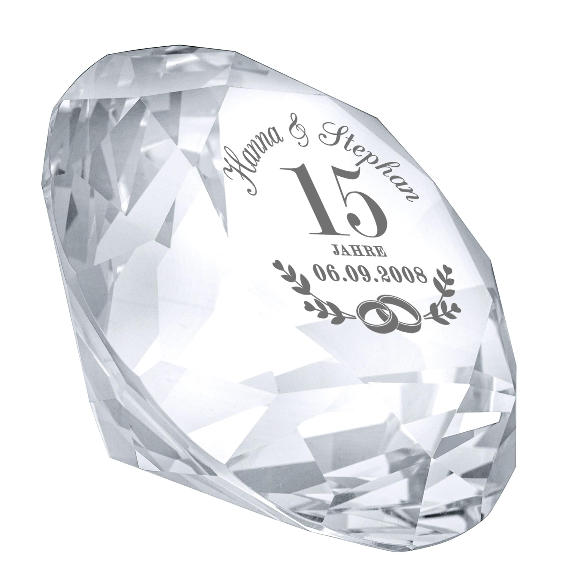 Casa Vivente Diamantförmiger Kristall aus Glas mit Gravur zur Kristallhochzeit, Personalisiert mit 2 Namen und Datum, Geschenk zum 15. Hochzeitstag, Kristall Hochzeit