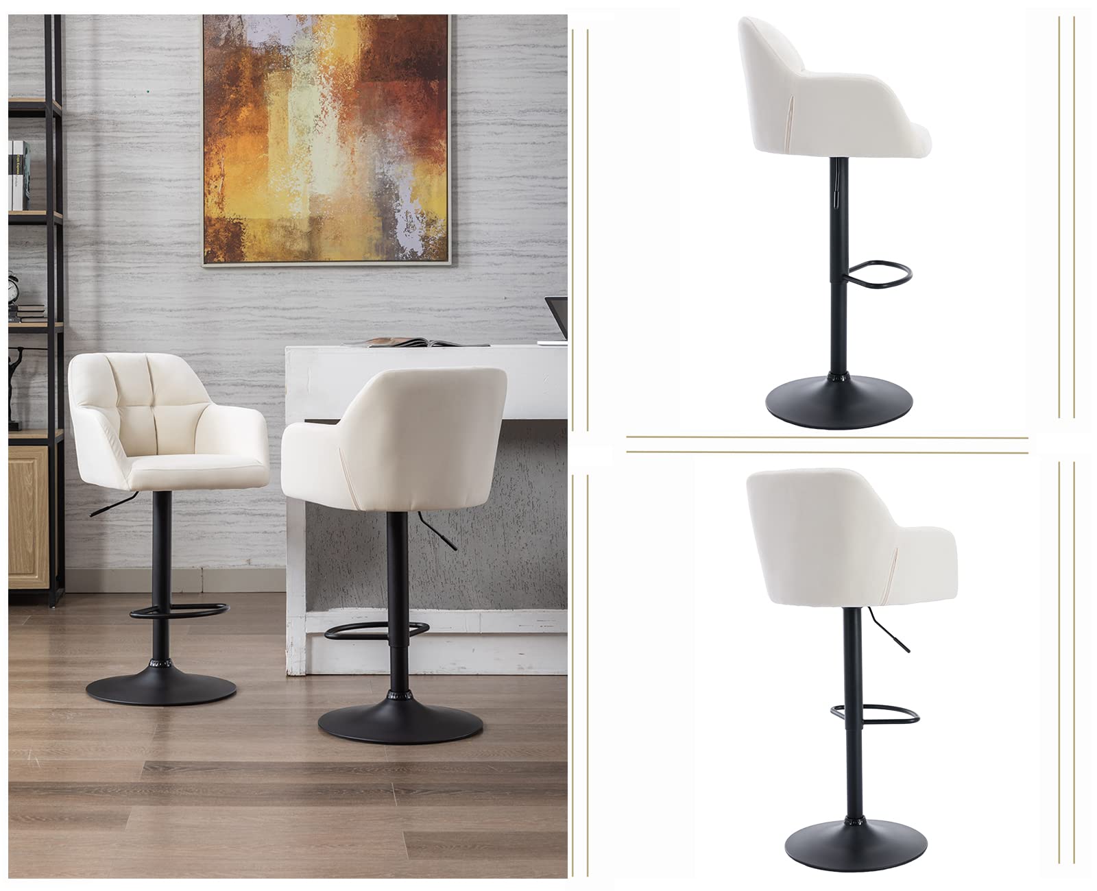 chairus 2PCS Taburetes de Bar de Terciopelo con Altura Ajustable, Beige | Moderno, Sillas Altas Giratorias, Con Reposabrazos, Para Isla de Cocina