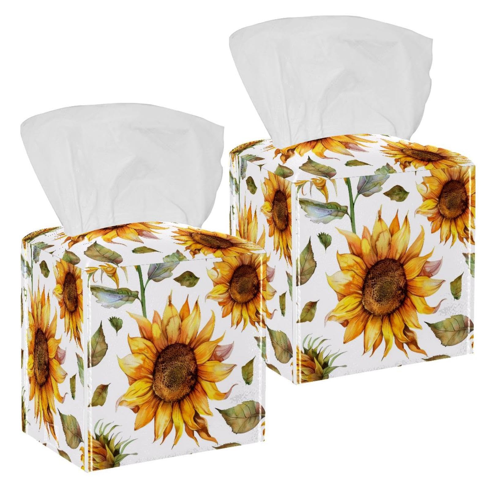 Sunflowers Tissue Box Cover, 2 Pack PU Leather Square Facial Tissue Dispenser Box holder for Home Office Car