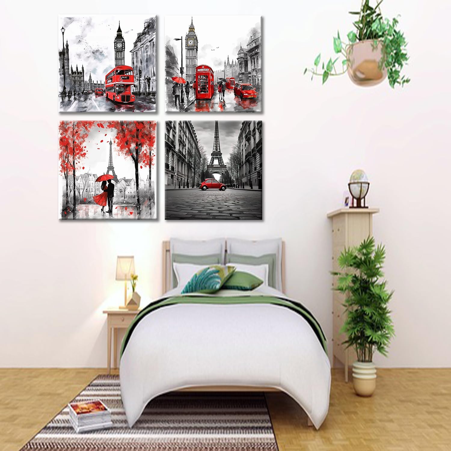 Cityscape Wall Art Black White and Red Couple with Umbrella Canvas Print Bus in the Street Painting Famous Landmarks Canvas Artwork for Bedroom Living Room Decor Set of 4(Artwork-02, 12"x12")