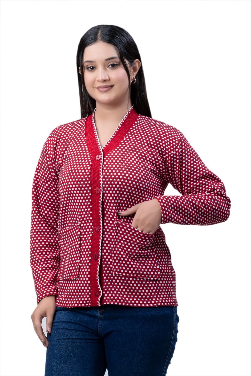 woolvella Women Dotted Print Sweater Cardigan Winter Wear V Neck Full Sleeves Stylish Women Cardigan Sweater (Red)-picture-11