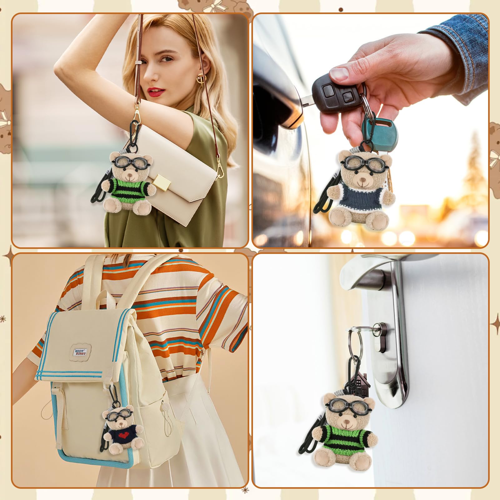 MWOOT Llaveros peluche oso, oso peluche para vestir con 3 conjuntos ropa, llaveros con colgante animal, bonitos adornos para bolsos, manualidades para regalar a mujeres, marrón — view 6
