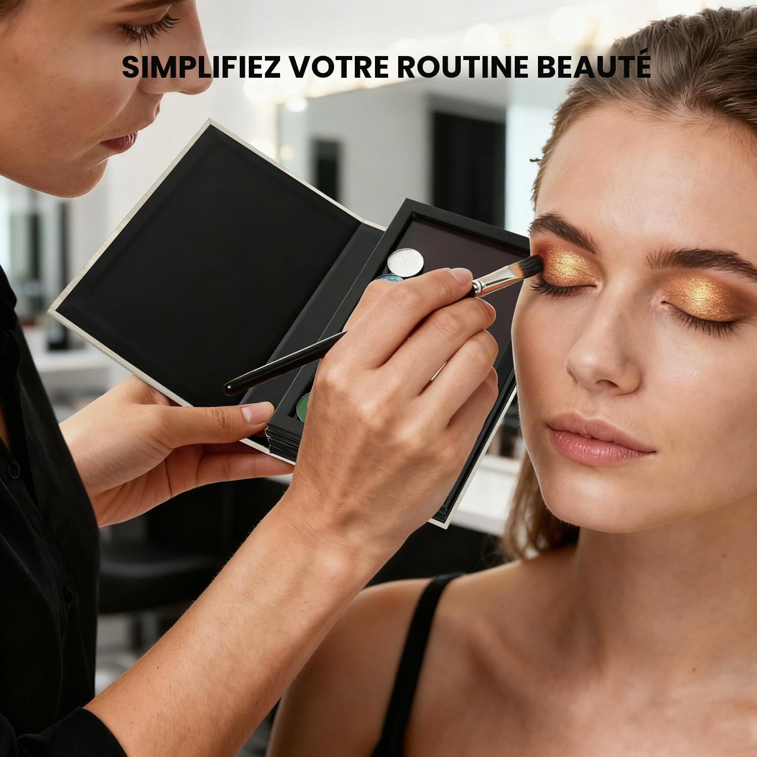 Palette magnétique vide à 4 couches (grain de bois blanc) + 1 spatule de dépôt de maquillage + 50 autocollants ronds en métal + 50 autocollants carrés en métal