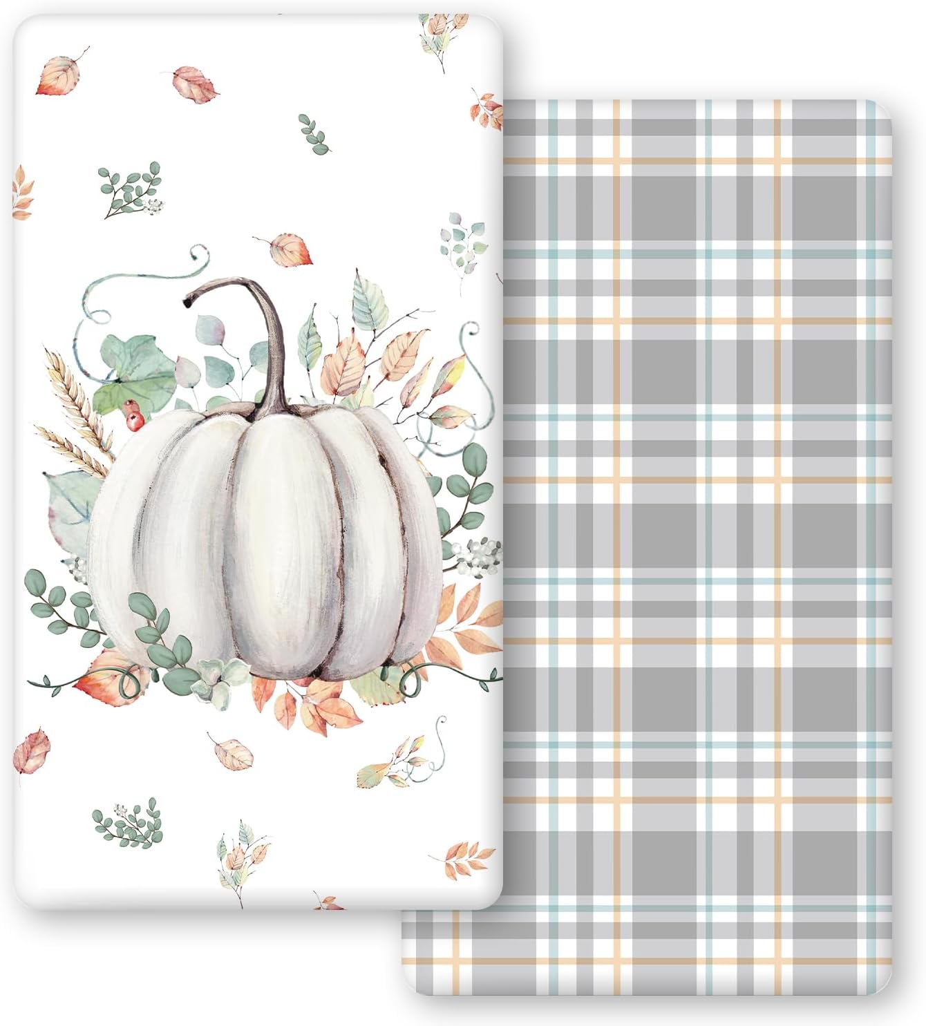 Horaldaily 2 Pack Fitted Crib Sheet for Boys Girls,Soft Breathable Washable Jersey Microfiber Baby Crib Sheet, Fits Standard Size Crib Mattress 28in x 52in, Off-White Watercolor Pumpkin & Gray Plaid