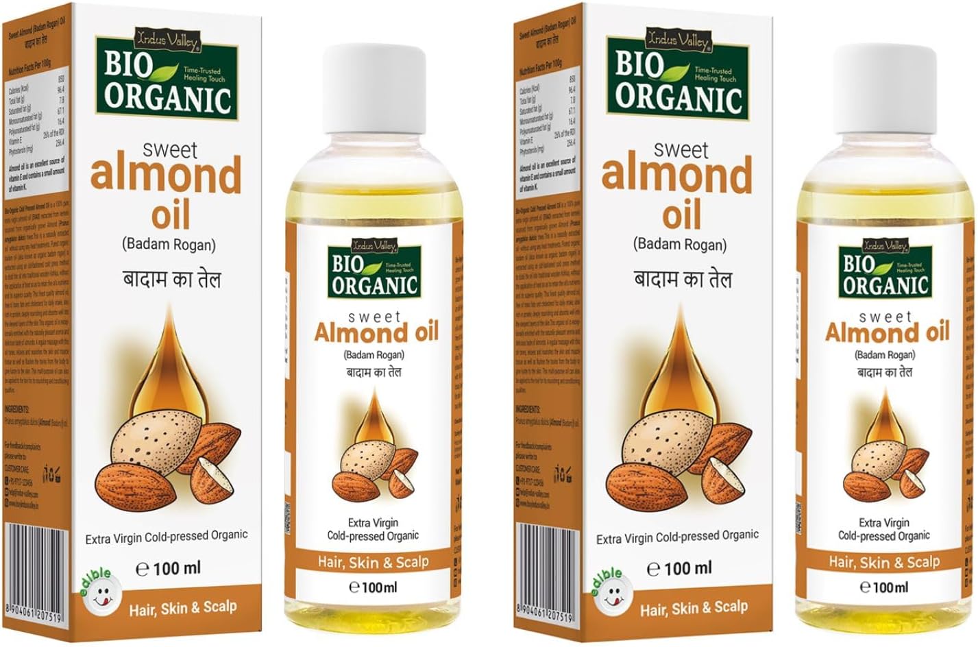 INDUS VALLEY Roghan Badam Sweet Almond Oil for Hair & Skin No Mineral Oil & Sulphate - Set of 2 (100ml*2=200ml)