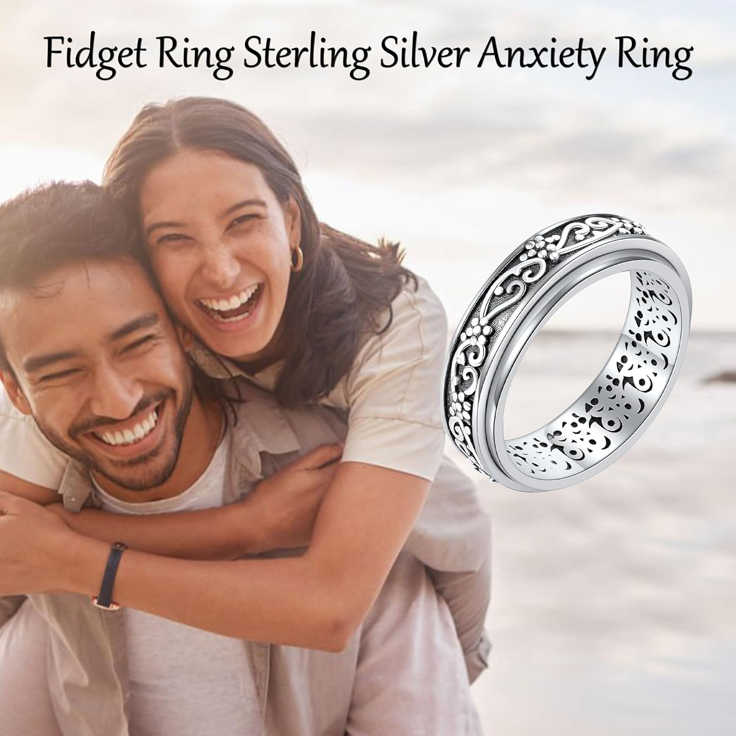 YAFEINI Anxiety Ring 925 Sterling Silver Daisy Fidget Ring Filigree Spinner Band Ring Relieving Stress Fidget Jewelry Gifts for Women Men