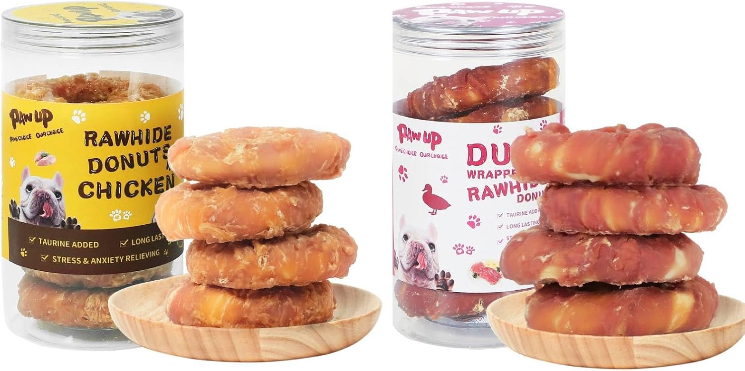 PAWUP Dog Treat Chicken & Duck Wrapped Rawhide Long Lasting Dog Treat Ring w/Taurine for Aggressive Chewer