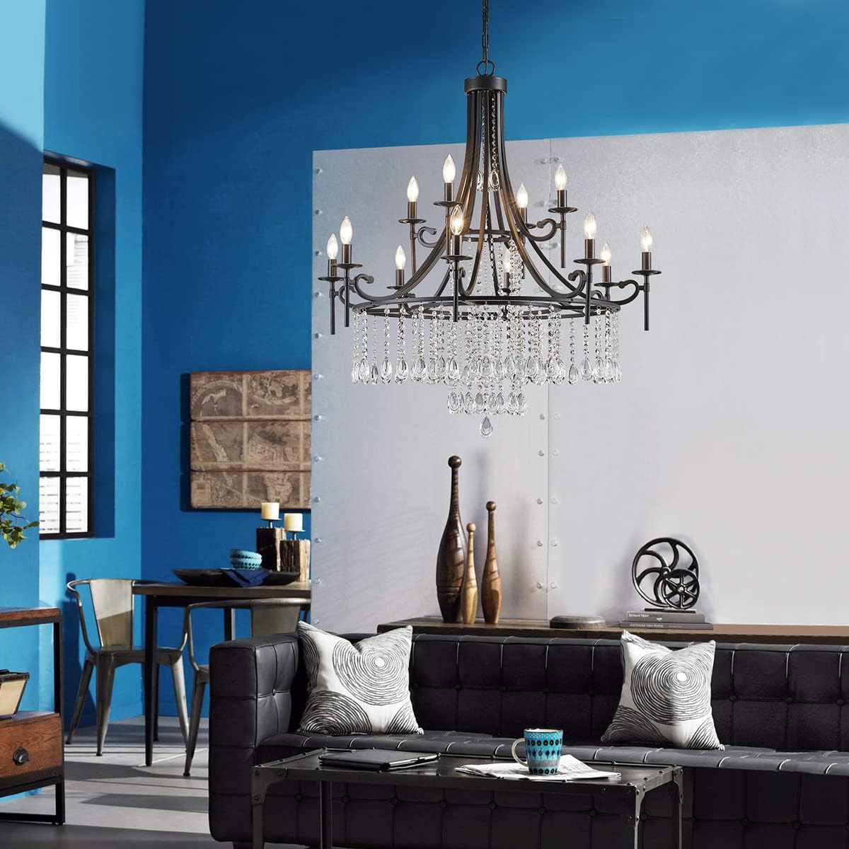 WUZUPS Candle Chandelier 12-Light Wagon Wheel Pendant Ceiling Light Modern Lighting Fixture for Bedroom Hallway Bar Kitchen Dinning Living Room Bathroom, Black
