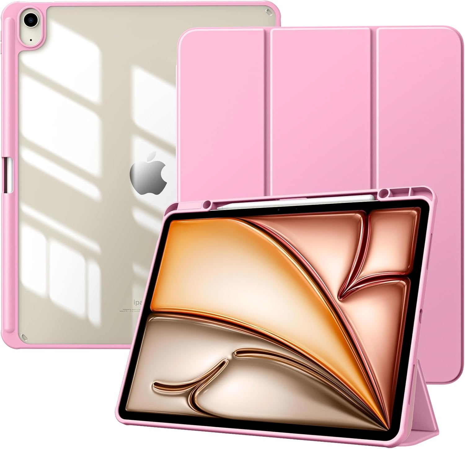 TiMOVO Case for New iPad Air 13 inch (M4/M3/M2-2026/2025/2024) with Pencil Holder, Slim Stand Protective Cover with Clear Transparent Back Shell for iPad Air 13 inch, Auto Wake/Sleep, Flowers Pink