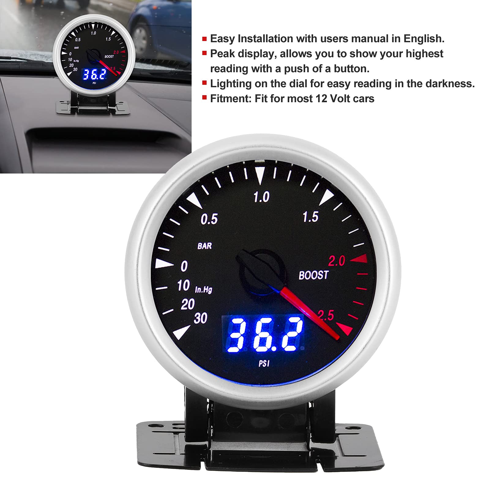 Pressione Turbo Auto 12V Misuratore Turbo Boost 60 mm/2,5 pollici 12 V manometro per aumento del turbo a LED universale - 30-202.5 Controllo indicatore LED a barre