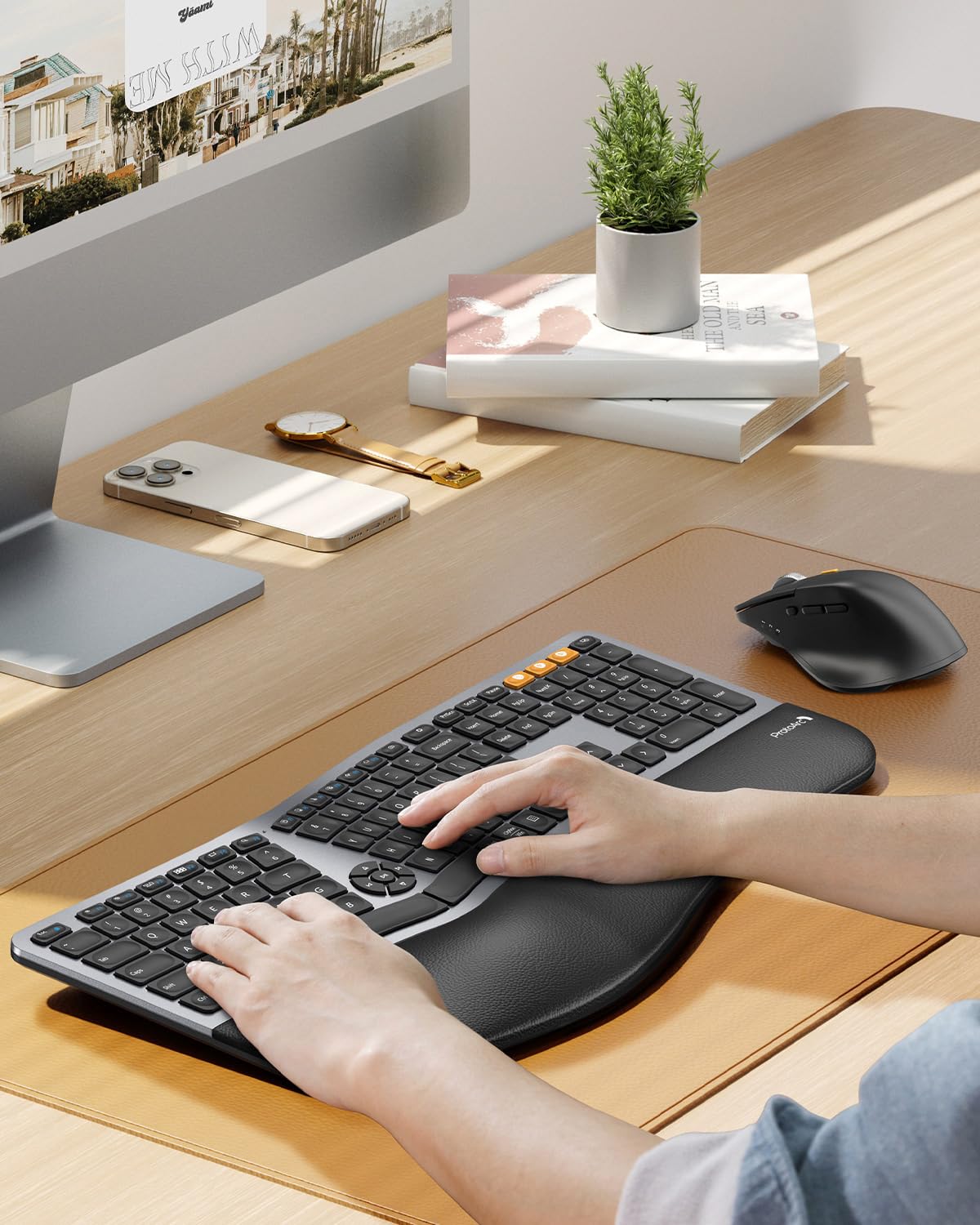 ProtoArc EKM01 Plus Tastiera Ergonomica Mouse Wireless Bluetooth Ergo Keyboard Mouse Combo, Imbottito Palm Rest, Split Design, Ricaricabile, Compatibile per Windows, Mac OS, Grigio e Nero