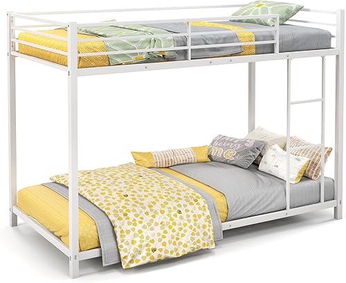 Miniatura 7 de Giantex Litera de metal individual sobre individual, marco de litera de perfil bajo con escalera y barandilla de longitud completa, marco de cama de