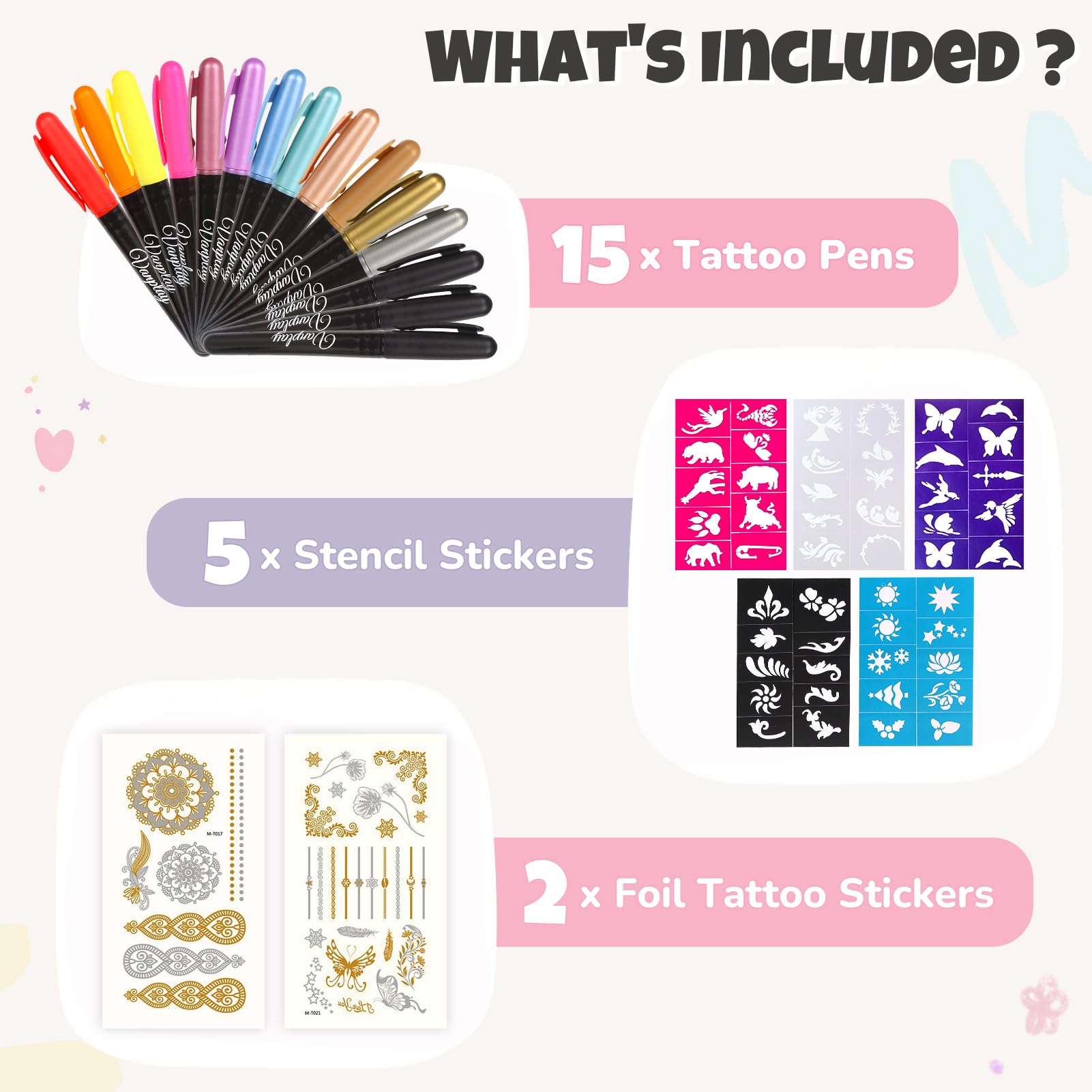 Tatuaggi Temporanei Penna Truccabimbi con 15 Tattoo Pen, 5 Fogli per Stencil per Tatuaggi e 2 Adesivi per Tatuaggi per Regalo Bambina Bambino 7 8 9 10 11 12 Anni Tatuaggi Per Bambini e Adulti