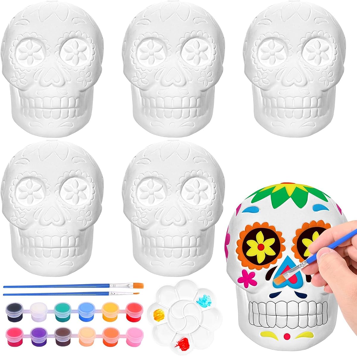 6 piezas de artesanía de calavera de azúcar de cerámica del Día de los Muertos, pinta tus estatuas de calavera, adornos de calavera pintables en blanco para el suministro de decoración de ofrenda del altar del Día de Los Muertos