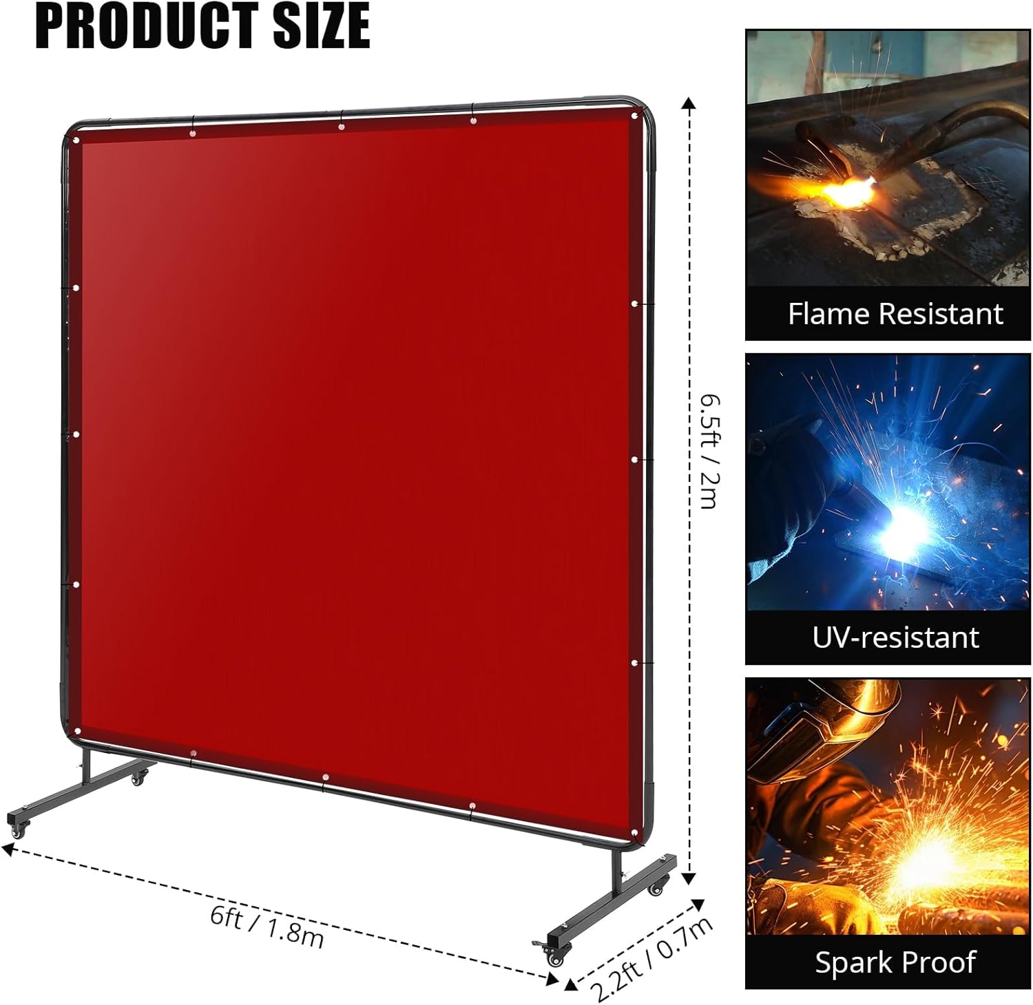 6'x6' Welding Curtain Screen, Flame-Resistant Vinyl Welding Screen with Frame, 4 Swivel Wheel (2 Lockable) for Workshop and Industrial Protection