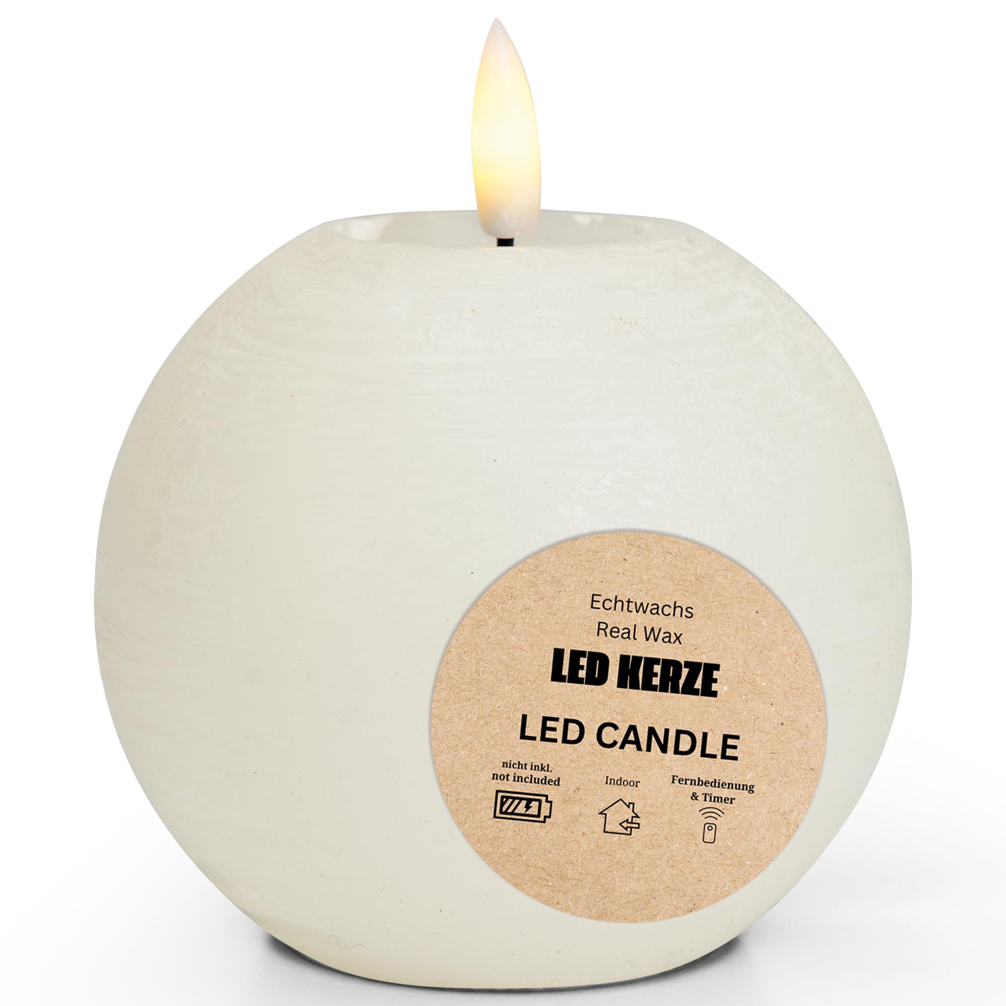 LED Candle Ball Made of Real Wax with Timer Function and Remote Control, Realistic Flickering Flame, Warm White, Diameter 10 x 9 cm, Electric Wax Candle in White as Cosy Table Decoration