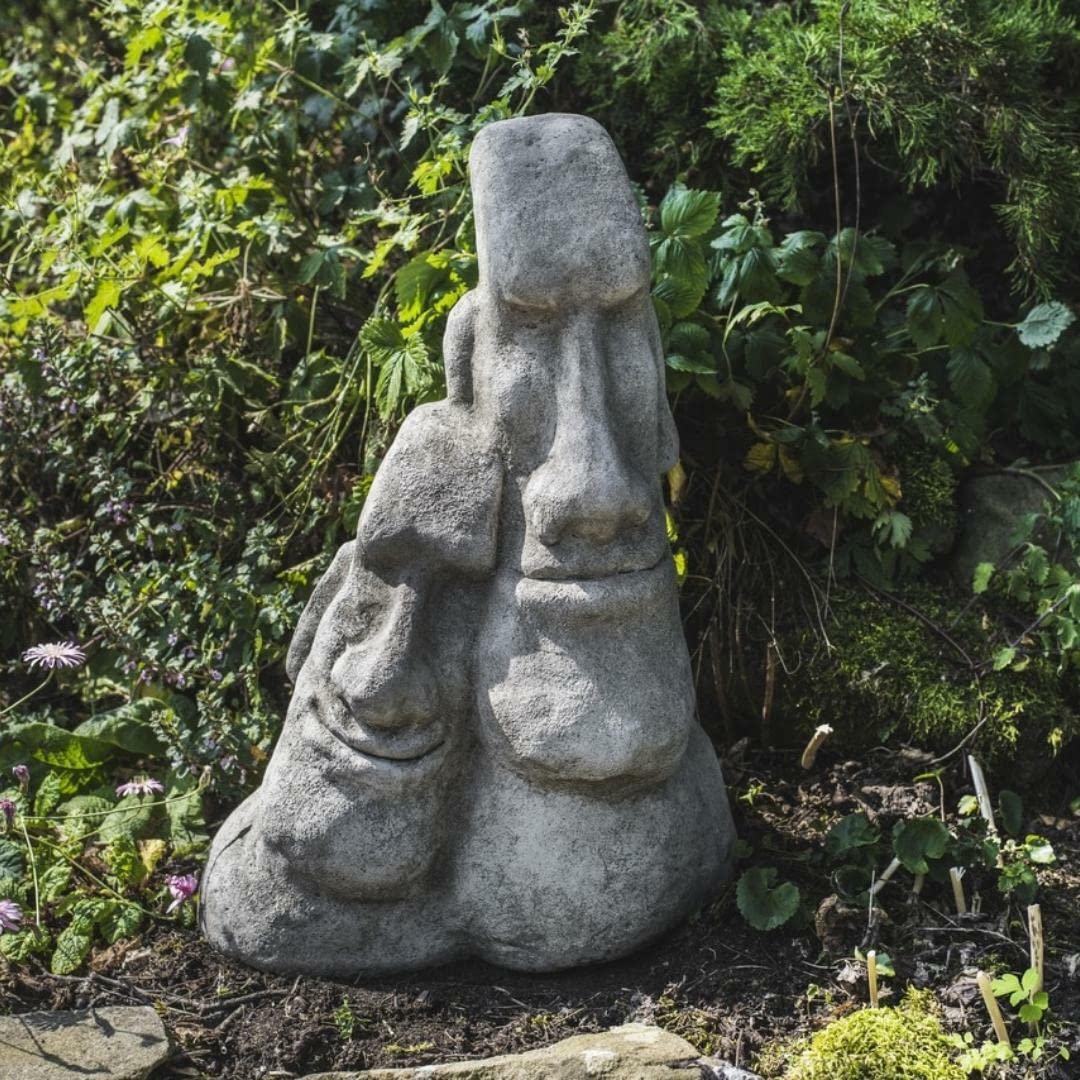 Solid Stone Cast Garden Ornament of 2 Easter Island/Moai Heads
