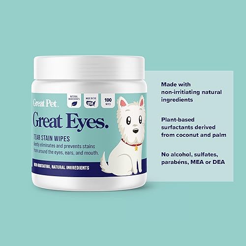 Vista 3 de Great Eyes - Removedor de manchas de lágrimas seguro y suave para perros - Toallitas naturales para ojos para perros - Toallitas preempapadas