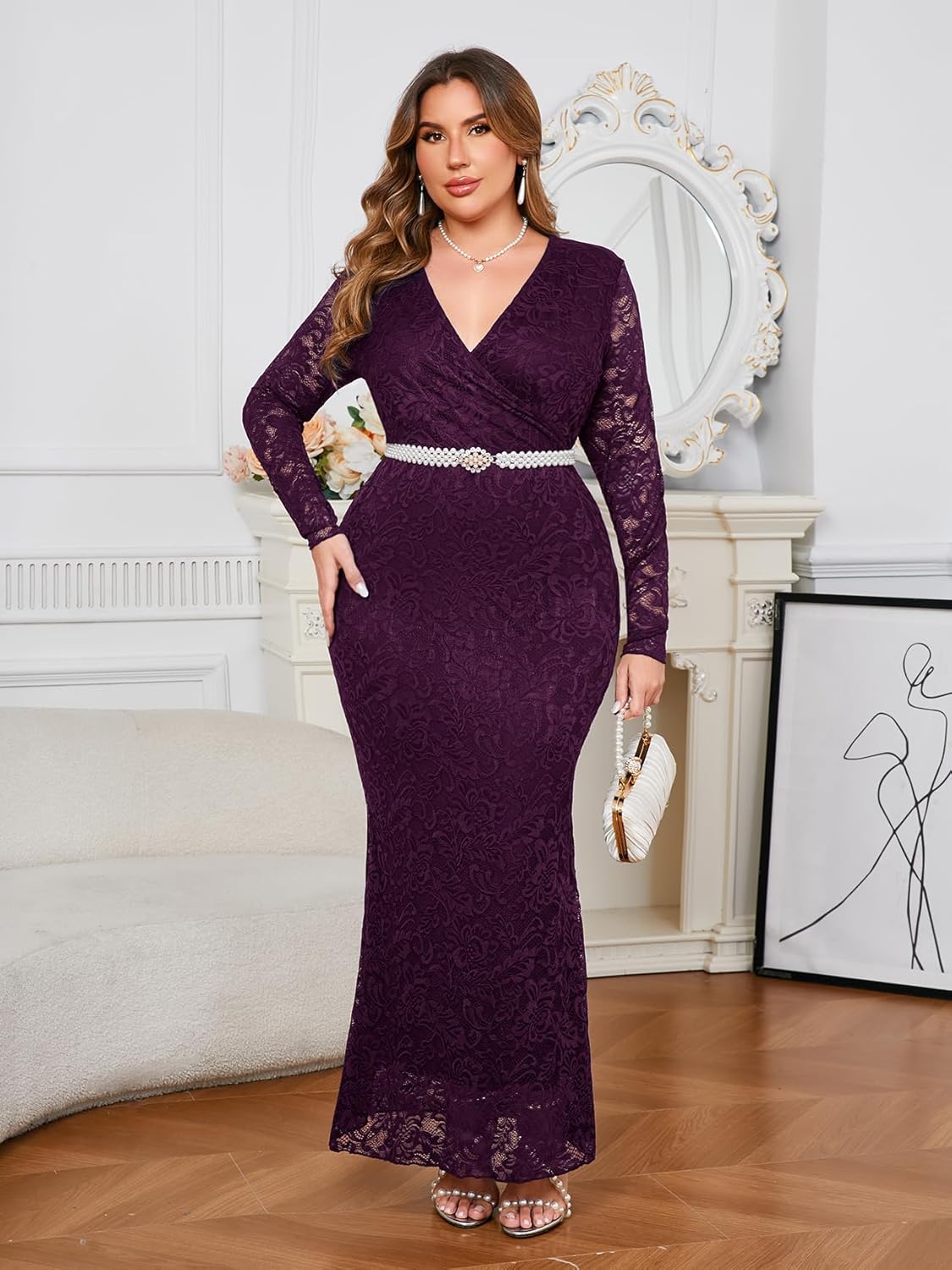 ZOMVA Plus Size Floral Lace Dress Elegant Bodycon Mermaid Maxi Evening Gown V Neck Wrap Long Sleeve Formal Dresses Party - Image 6