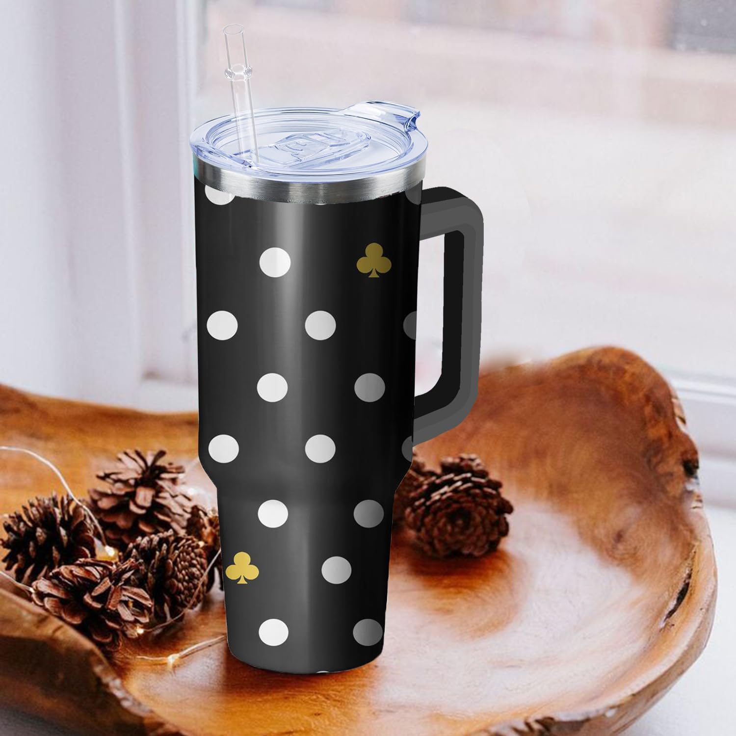 Polka Dots Tumbler with Handle and Straw, 40 oz Stainless Steel Pink Insulated Cup with Lid and Straw,Travel Coffee Mug Water Bottle, Birthday Christmas Mothers Day Gifts for Women