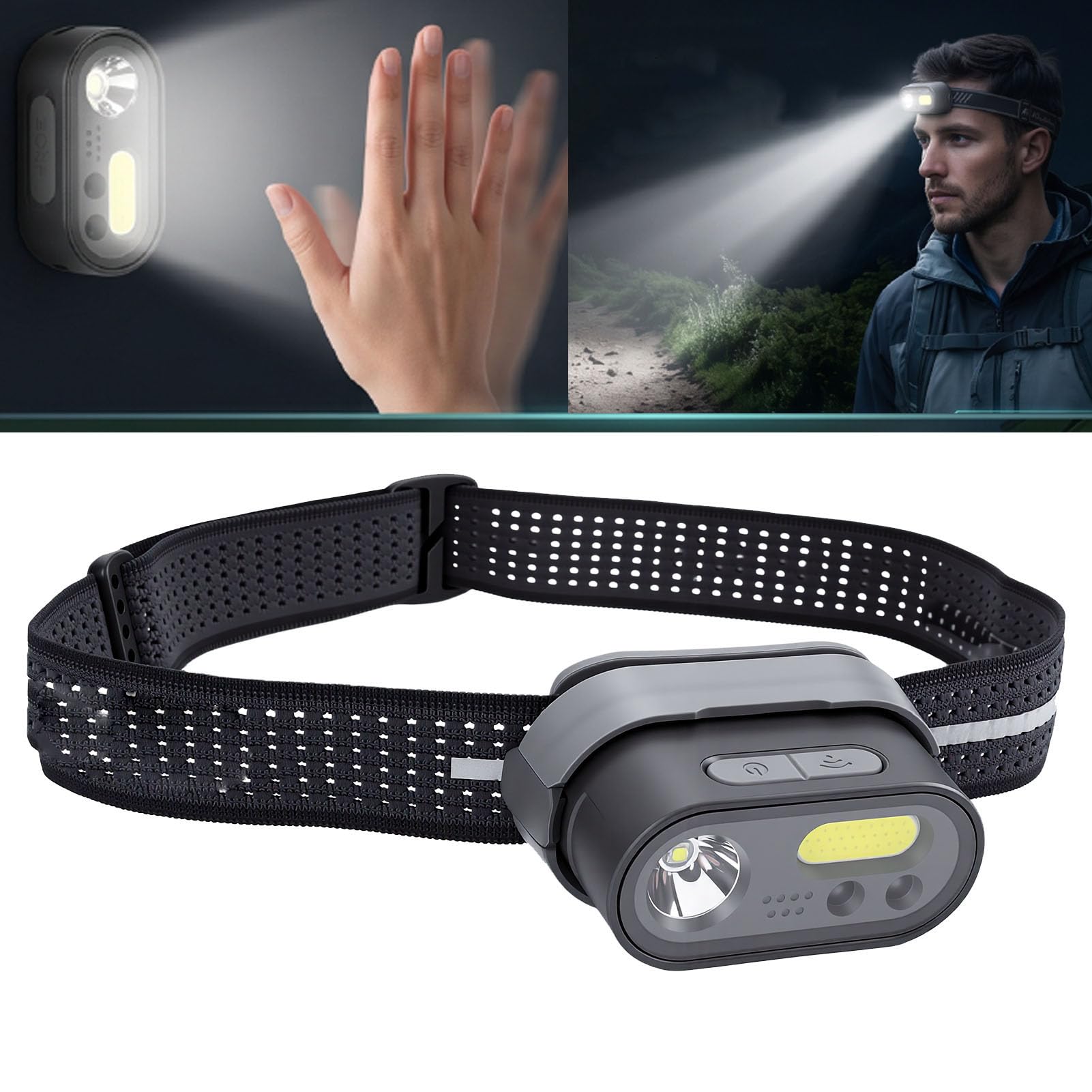 2er-Pack Wiederaufladbare LED-Stirnlampe für Camping, Wandern, Laufen, Bewegungssensor, 8 Lichtmodi, Ladeetui-Design