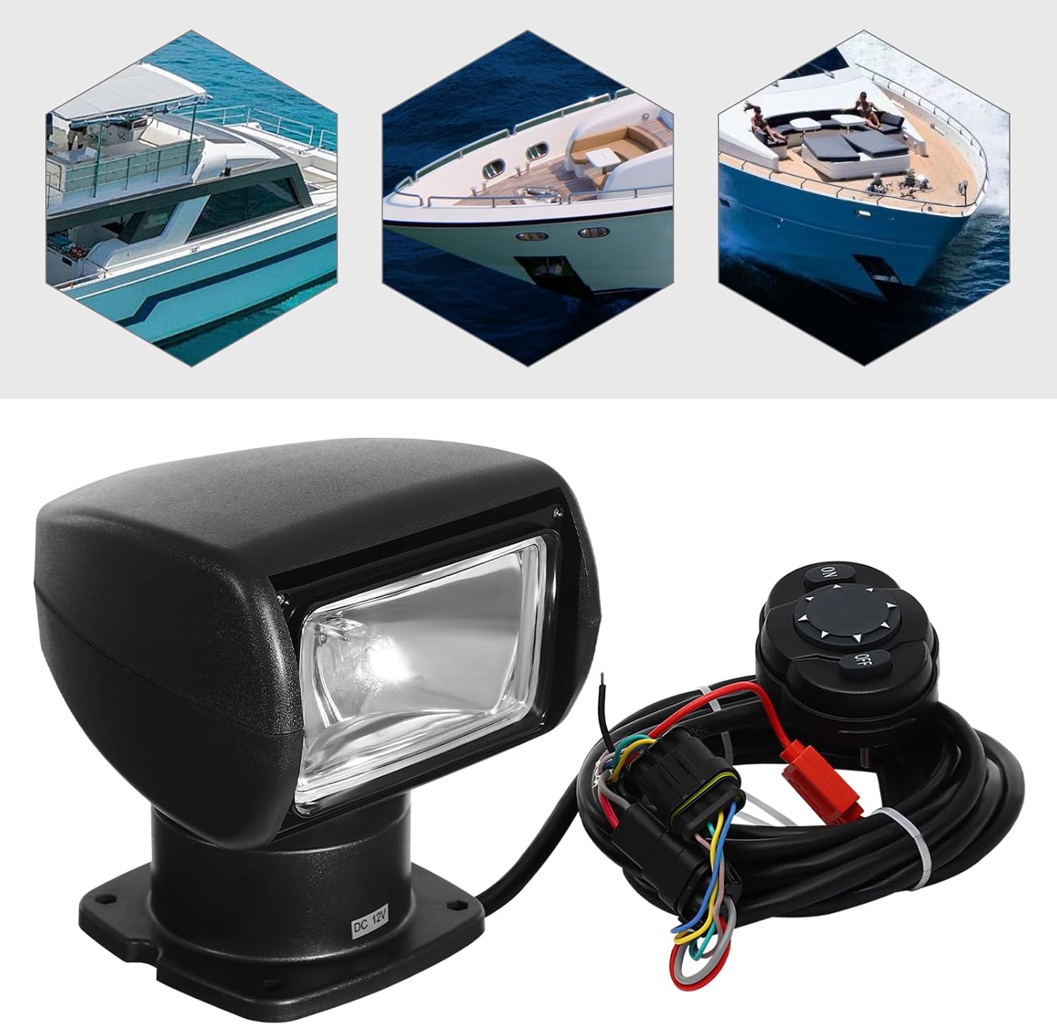 100W Remote Boat Spotlights, Waterproof 360°Rotating Portable Marine Control Halogen Spotlight, 12V Power Supply Emergency Searchlight for Boats, Coast Guard (Black, Advanced Remote Control)