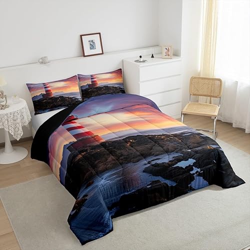 Miniatura 4 de Erosebridal Lighthouse - Juego de edredón de playa costera, tamaño Queen, juego de edredón de temática náutica, juegos de edredón de nubes rosas,