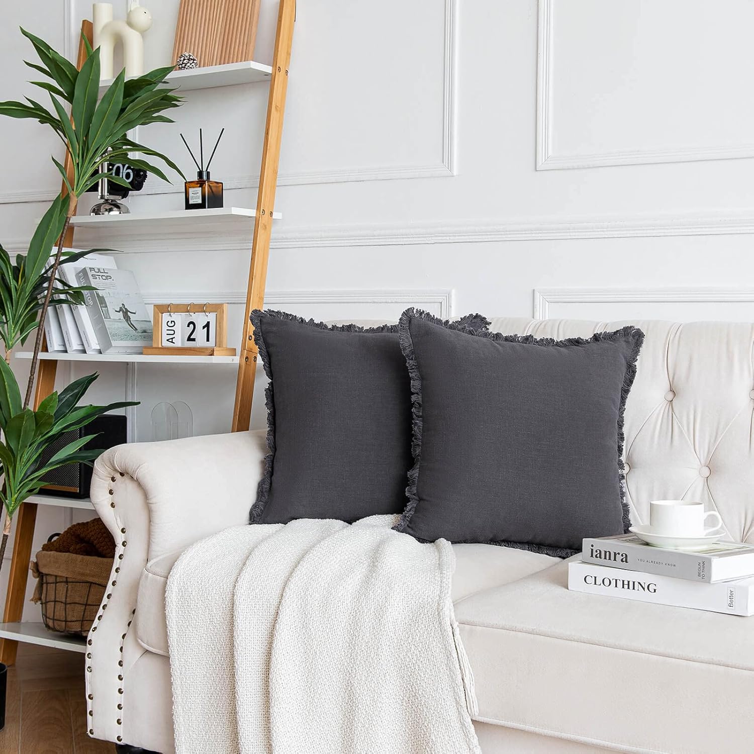 AmHoo Pack of 2 Linen Pillow Covers with Tassels Fringed Decorative Rustic Natural Throw Pillowcase Cushion for Couch Sofa Bedroom 18 x 18-Inch Dark Grey - Image 2