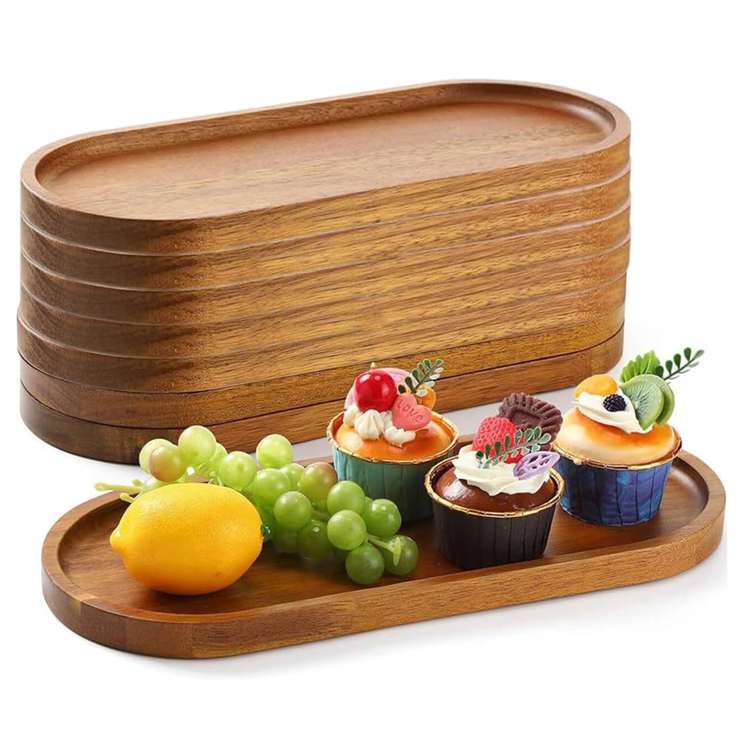 Set di 8 grandi vassoi ovali in legno, 35,8 x 14 cm, per dessert, snack, pane, frutta, aperitivi