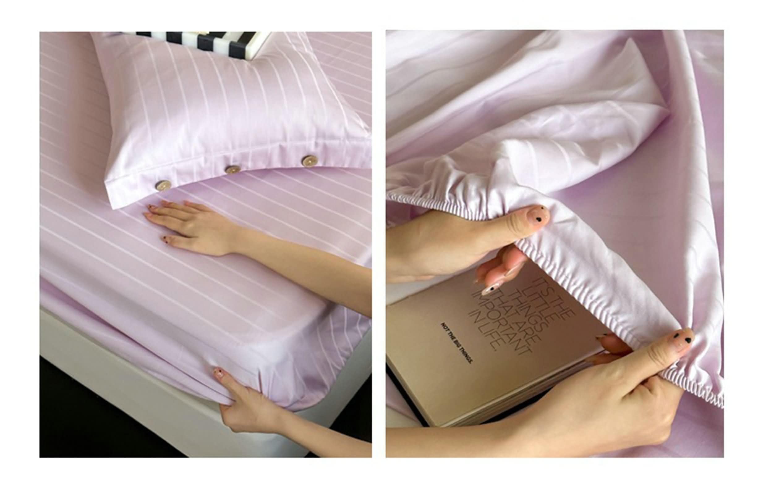 Spannbetttuch Doppelbett mit Gummizug Baumwolle, Streifen Muster, 150 x 200 cm, Spannbettlaken Doppelbett Hellviolett