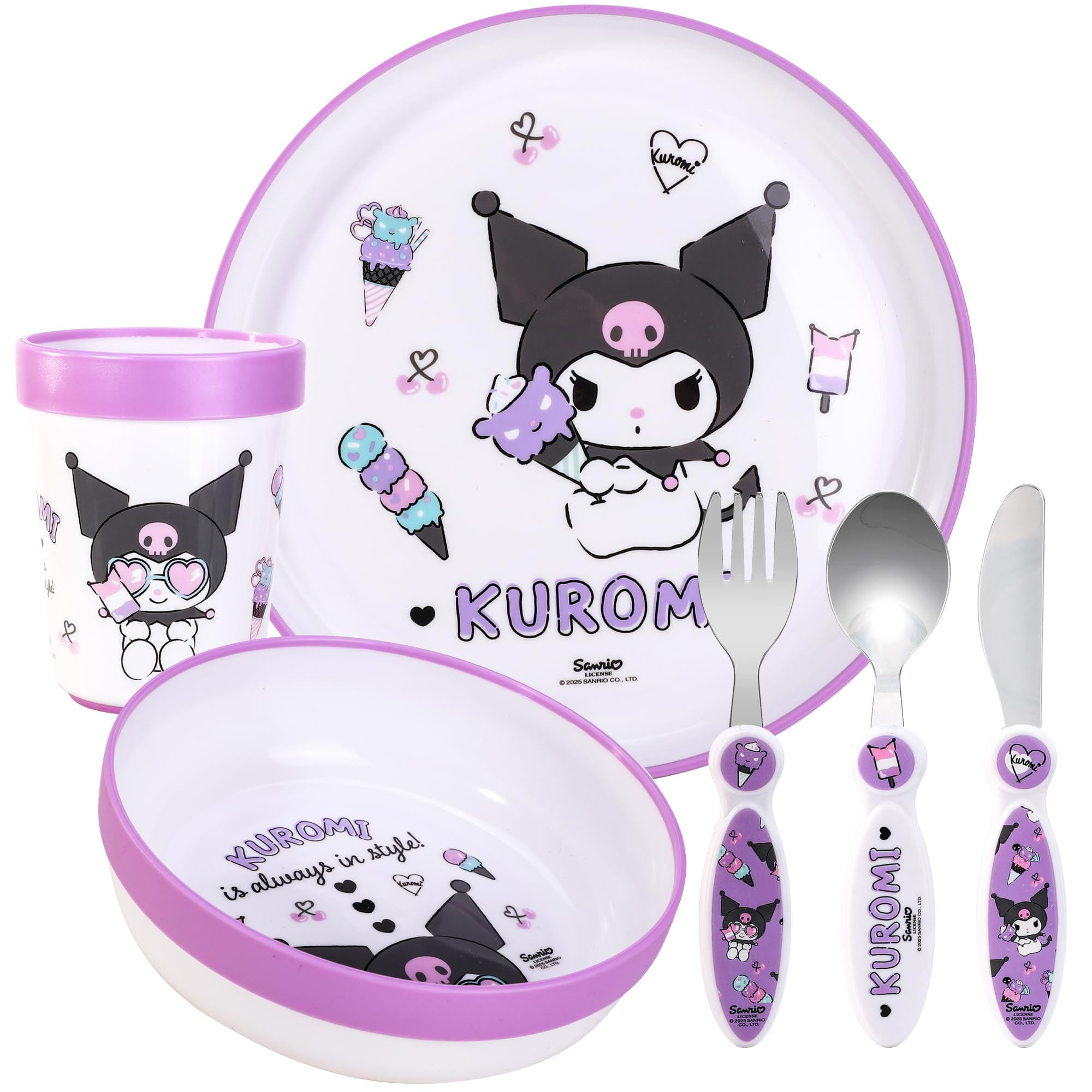 Kuromi Kids 6 Piece Reusable Dinner Set - Cup, Bowl, Plate & Cutlery