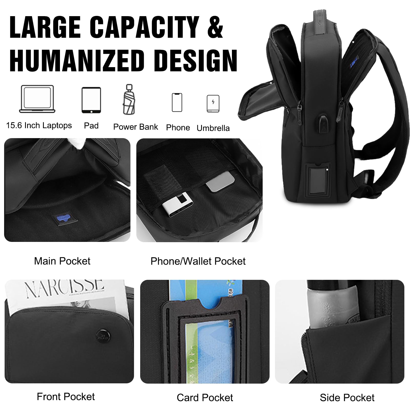 FANDARE Mochila Laptop Bolso de mano Mochila Mochila de viaje Multiusos Bolso de hombro Hombre Mujer PU film Mochila con USB Bolsos para Negocio Trabajo Diario Viaje Impermeable Mochila