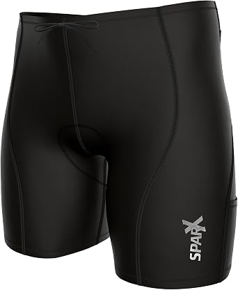Sparx Men`s Performance Tri Shorts 4 Pockets Black Compression Triathlon Short Cycling Short Swim Bike Run