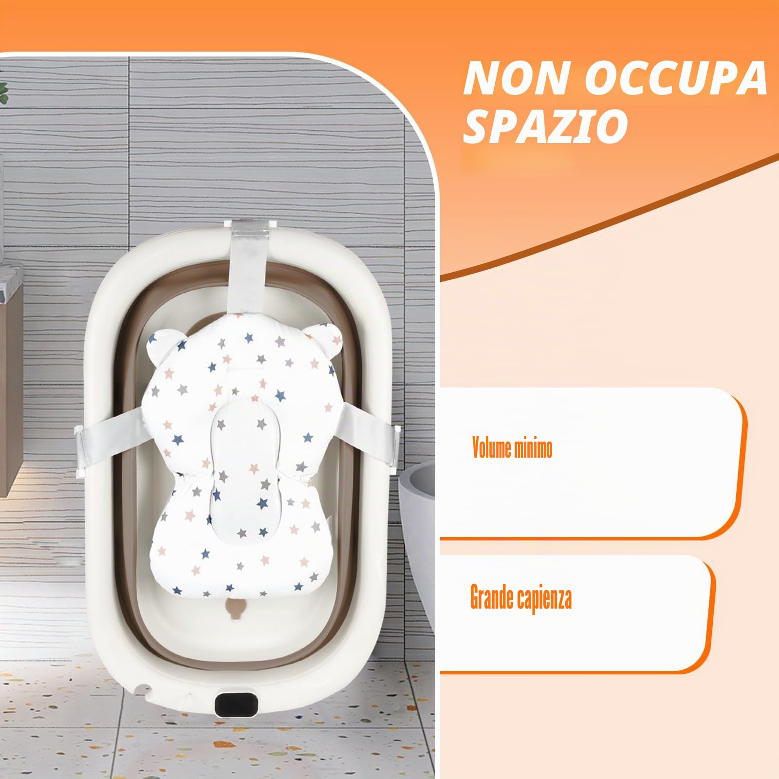 Vasca da bagno pieghevole per neonati, con tappo di scarico e visualizzazione della temperatura e cuscino per sedile, ultra compatto, piedini antiscivolo, A-43 x 71 x 18,5 cm (cachi)