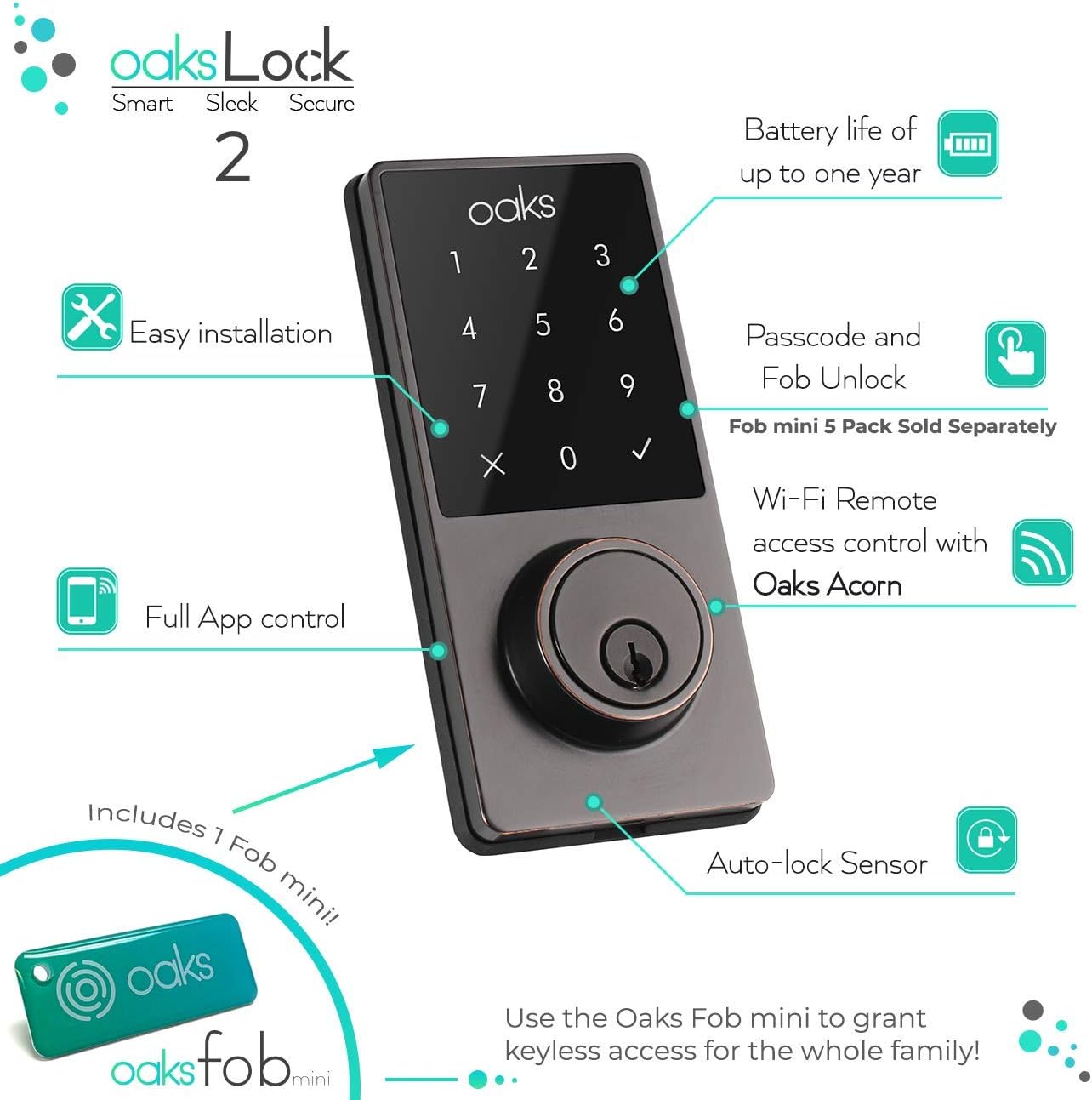 Oaks Smart Lock | Electronic Front Door Deadbolt | Great for Airbnb and Vacation Rental Hosts| Bluetooth | Code and Fob Entry | Keyless Access | Smart Phone App Unlock | Easy to Install |