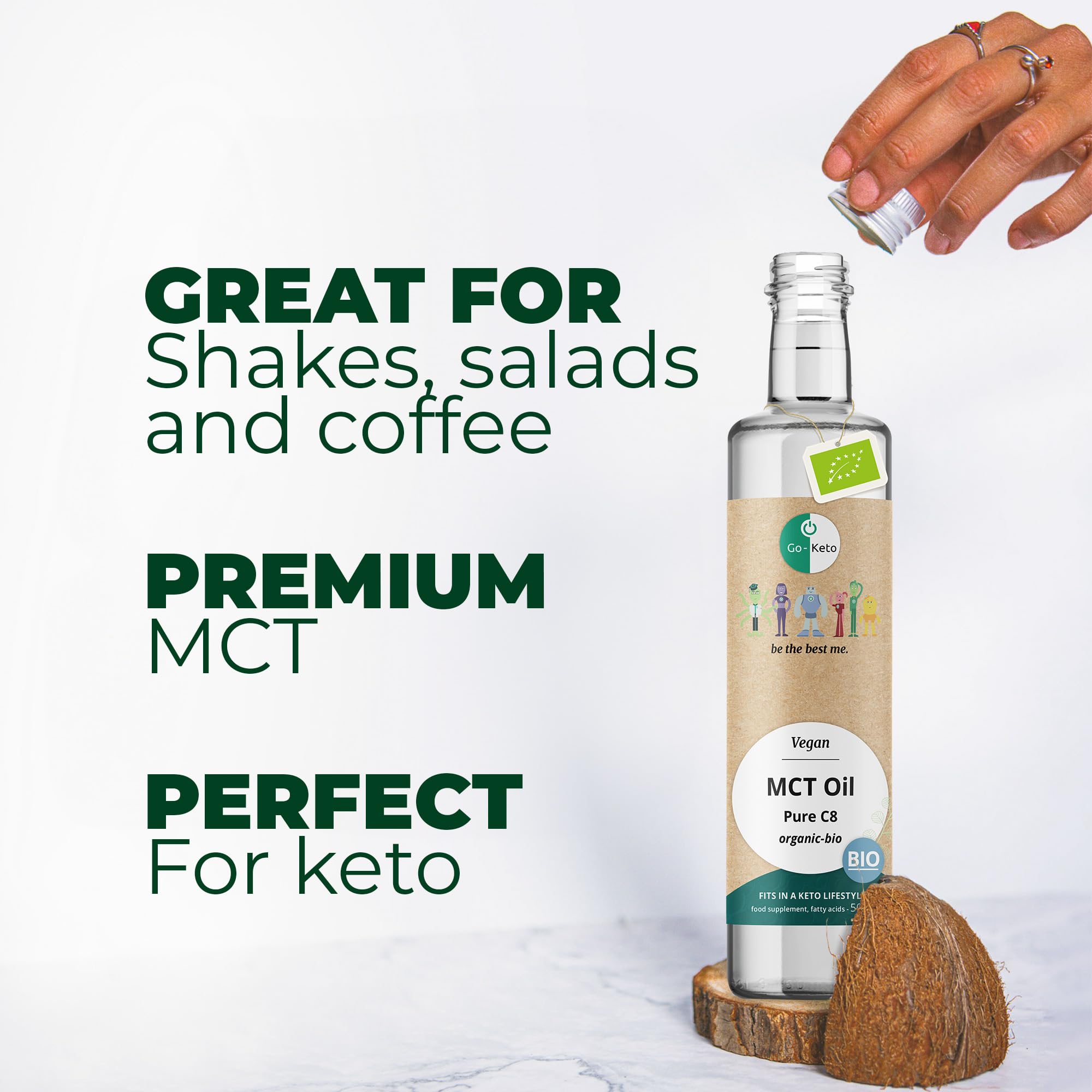 Go-Keto MCT Oil C8 BIO, 500ml - Huile MCT C8 de première qualité à base d'huile de coco BIO, parfaite pour un régime céto, idéal pour le Bulletproof Coffee ou le Keto Shake, huile TCM, Low Carb
